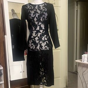 Black sexy  see through Midi Bodycon Dress with Long Sleeves for Cocktail